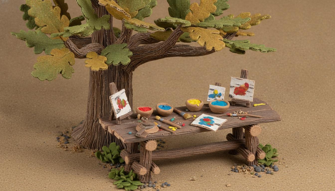 Nature art workbench under oak tree