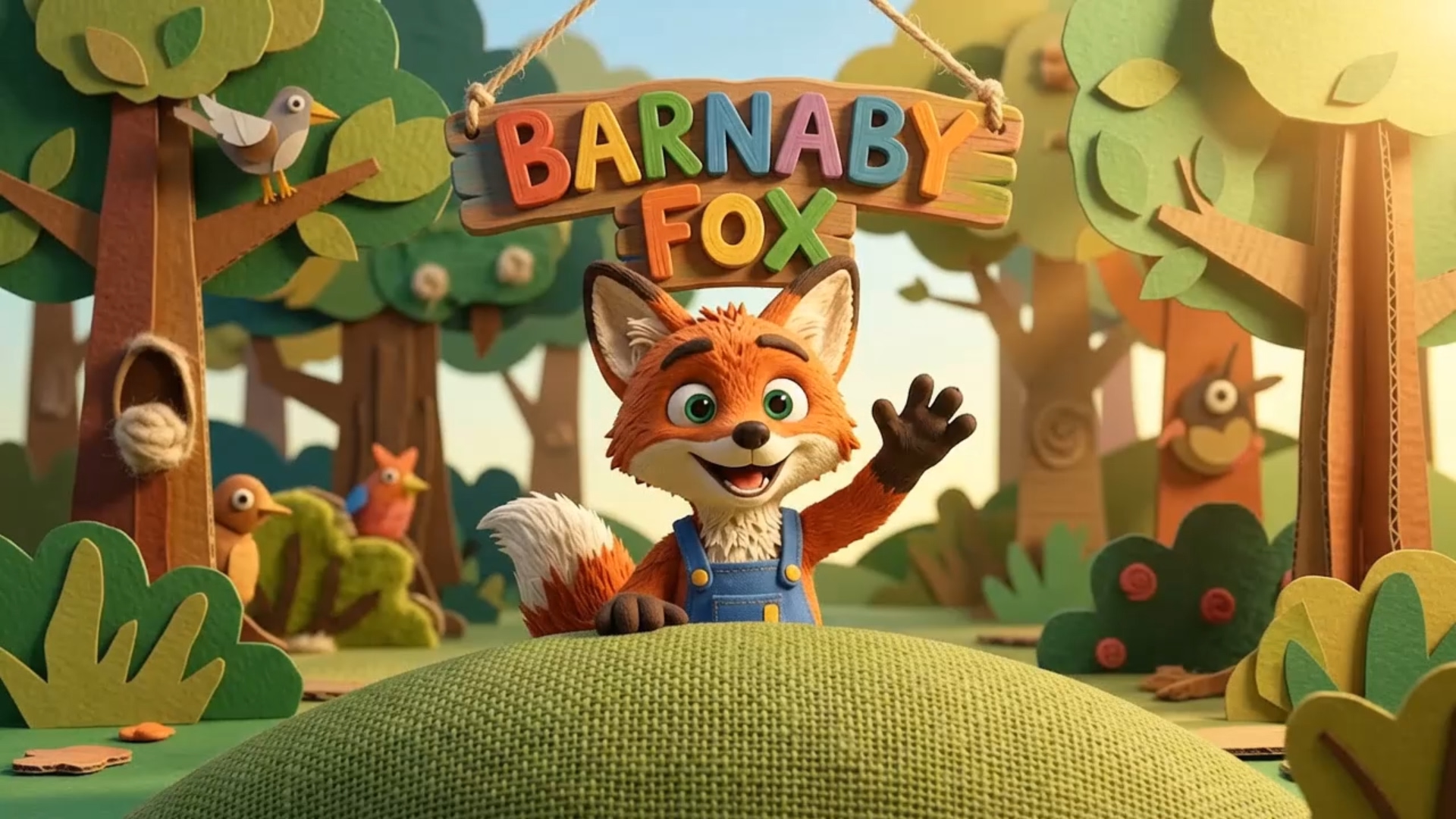 Barnaby Fox character portrait in denim overalls